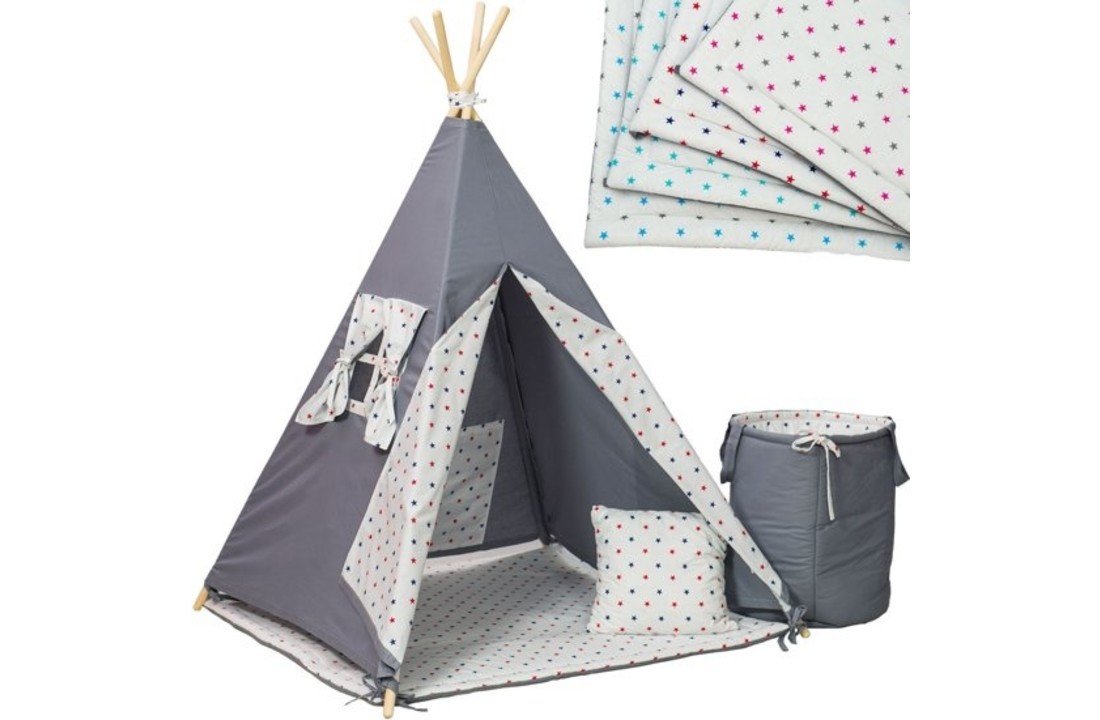 Wigwam tipi teepee tent speeltent 4 katoen grijs roze sterren - Vikingchoice.nl