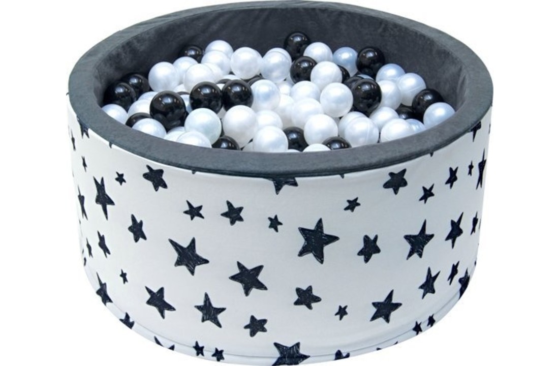 Ballenbak in sterrenpatroon met 400 ballen -90 x 40 cm -Ø 7 cm ballen - parelmoer wit en zwart