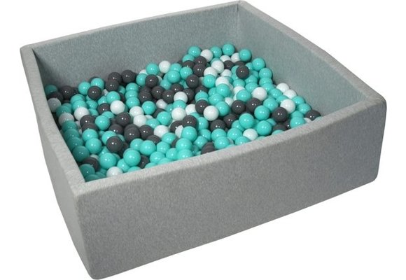 Ballenbak - stevige ballenbad - 120x120 cm - 600 ballen - wit, grijs, turquoise.