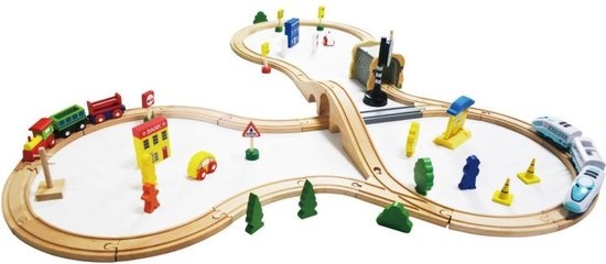 Houten treinbaan met elektrische locomotief - treinset 69 onderdelen