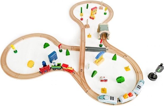 Houten treinbaan met elektrische locomotief - treinset 69 onderdelen