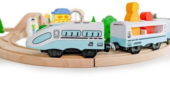Houten treinbaan met elektrische locomotief - treinset 69 onderdelen