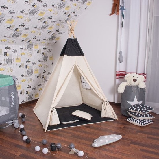 Wigwam tipitent speeltent - 4 delig 100% katoen Zwart / wit