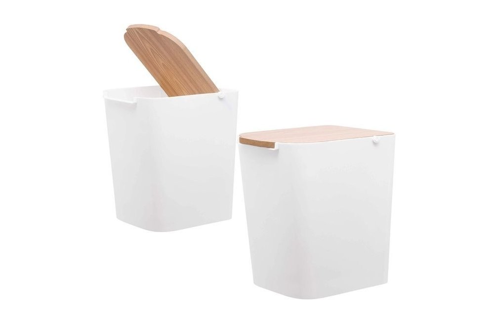 Afvalbak met houten deksel - 5 liter - wit