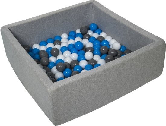 Ballenbak - stevige ballenbad - 90x90 cm - 150 ballen Ø 7 cm - wit, blauw, grijs.