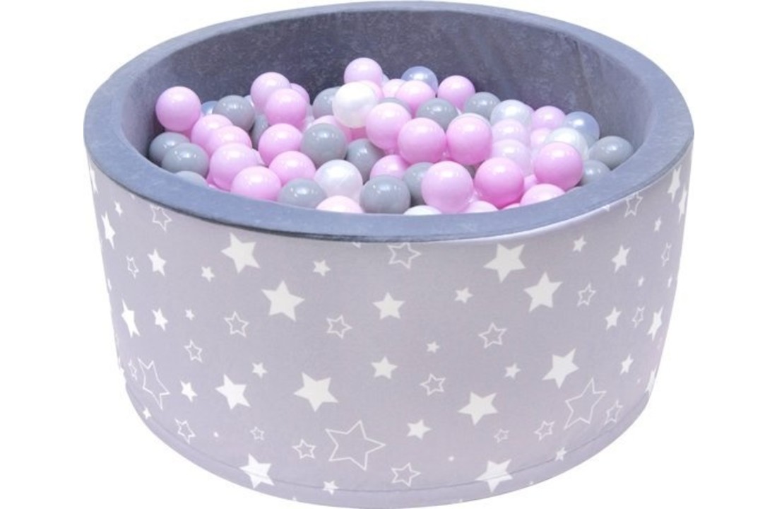 Ballenbak - stevige ballenbad - sterrenpatroon -90 x 40 cm - 400 ballen Ø 7 cm - roze, wit, grijs