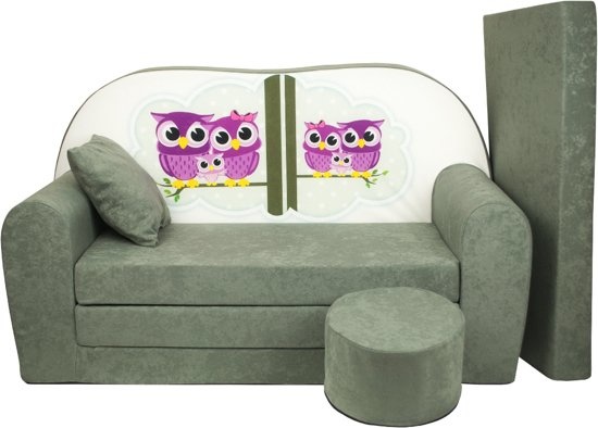 Kinder slaapbank set - logeermatras - sofa - 170 x 100 x 8 - slaapbank - mat groen - uiltjes