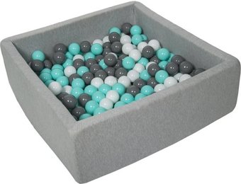 Ballenbak - stevige ballenbad - 90x90 cm - 300 ballen Ø 7 cm - wit, grijs, turquoise.