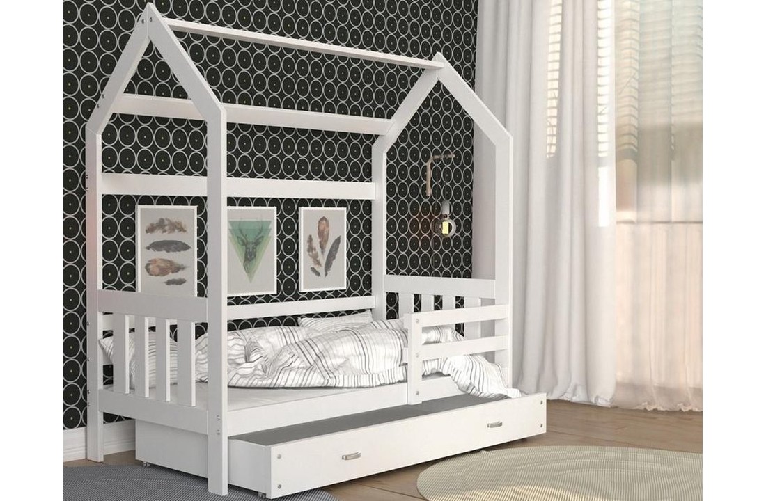 Houten bed - Huisbed - kinderbed - 160x80 - wit met matras