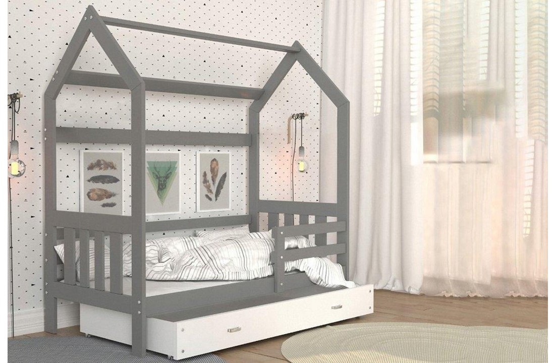 Houten bed - Huisbed - kinderbed - 190x80 - grijs met matras
