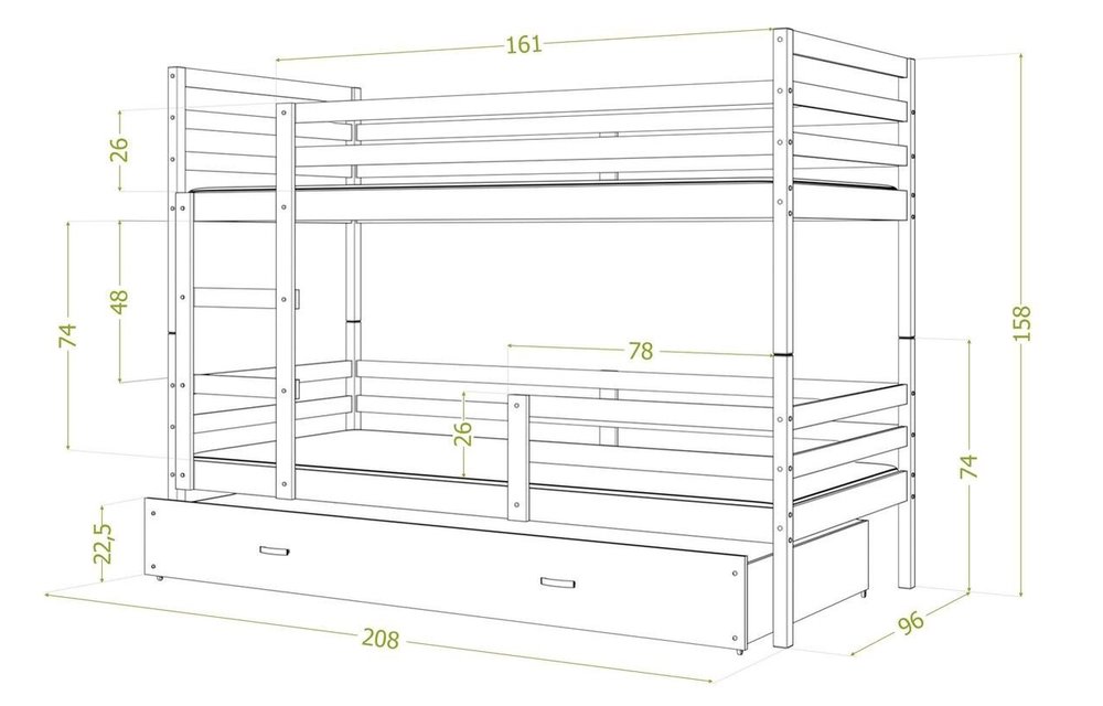 3 persoons stapelbed 200x90cm met matrassen wit/roze
