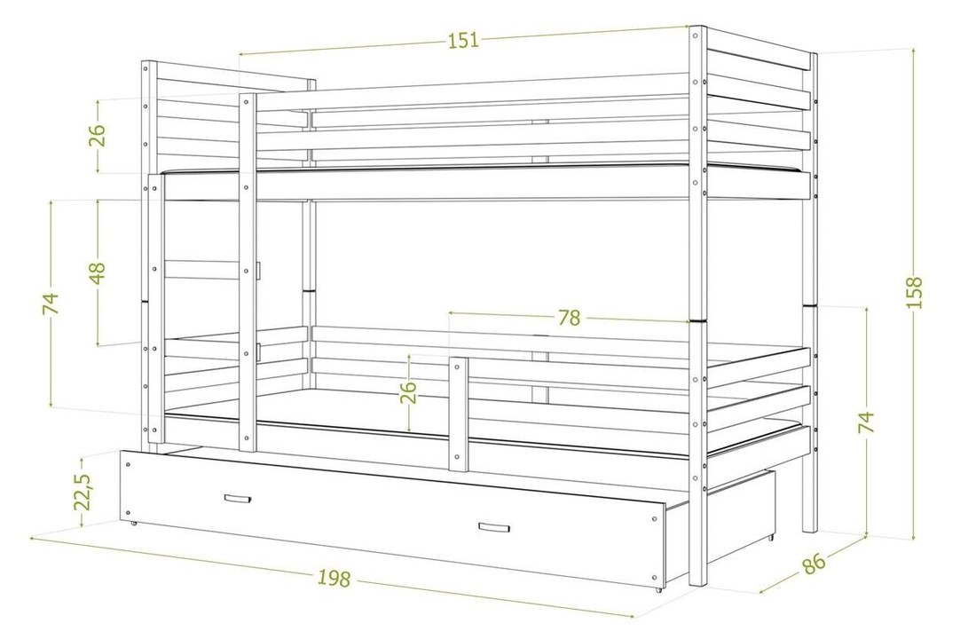 3 persoons stapelbed 190x80cm met matrassen wit