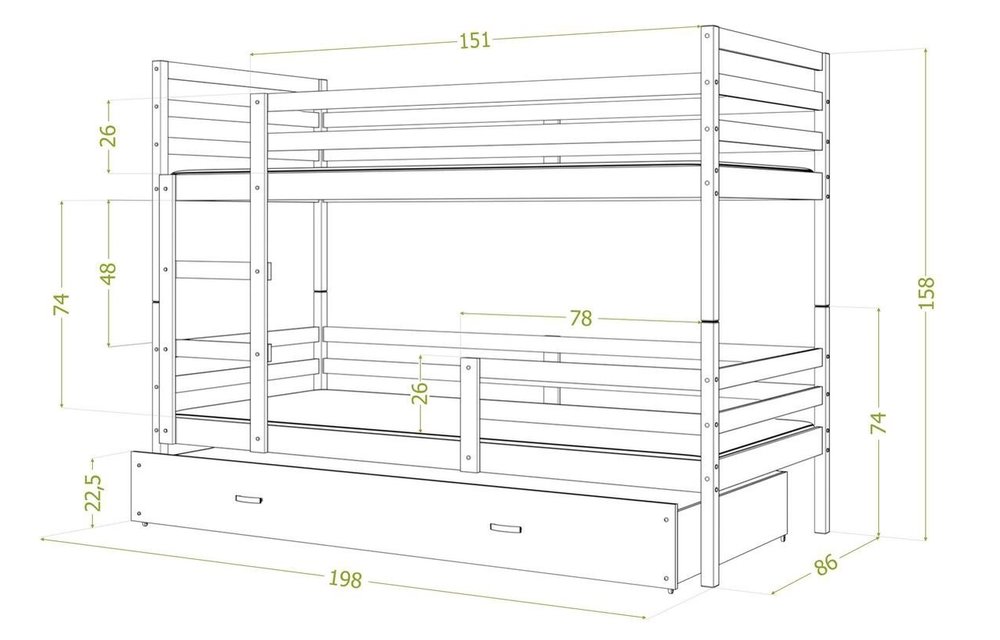 3 persoons stapelbed 190x80cm met matrassen elshout