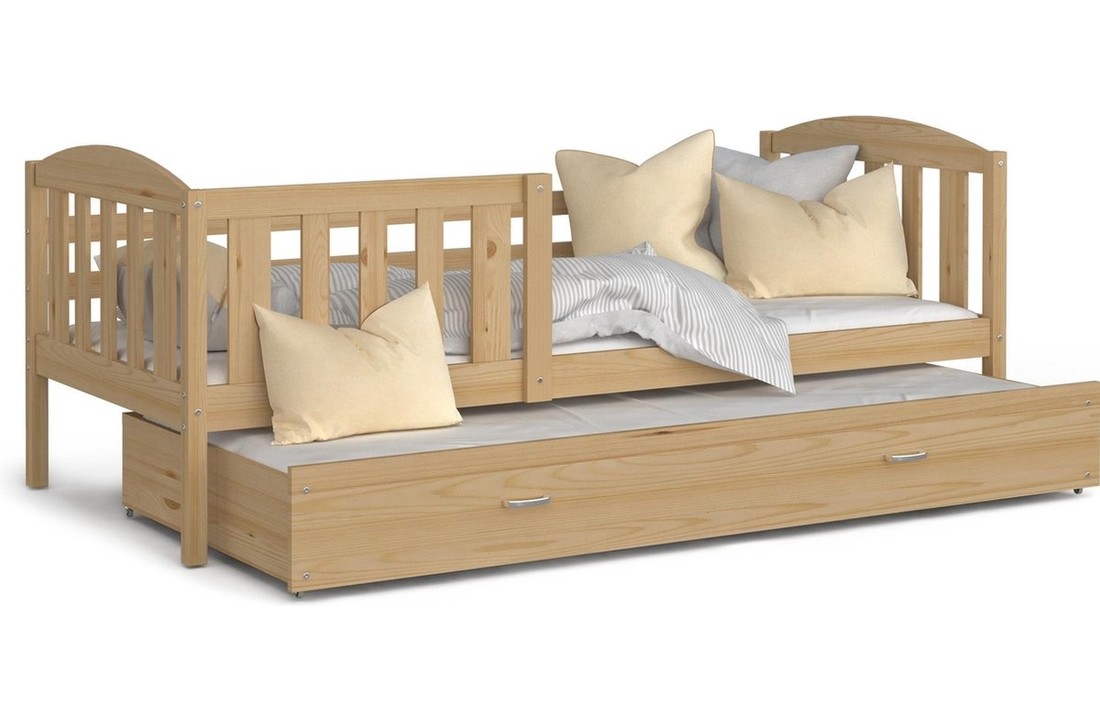 1 persoonsbed + logeerbed 200x90 cm - Pijnboom - met bedhekken - met 2 matrassen