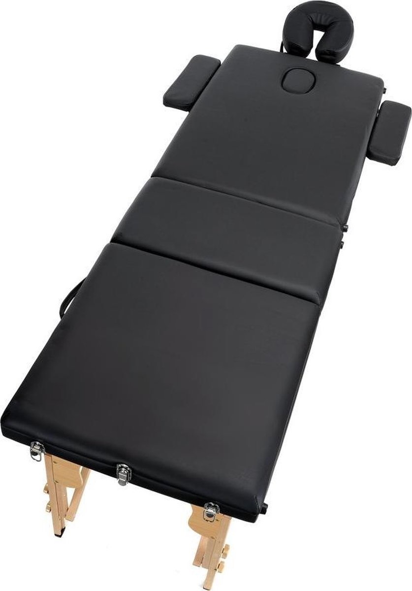 Houten massagetafel - 3 segmenten - verstelbaar - zwart ECO-leer - 213 cm lang