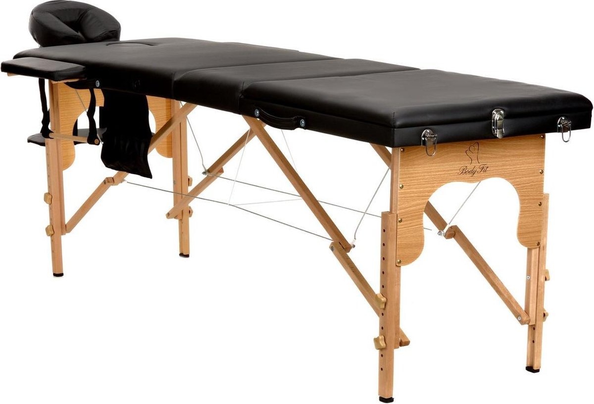 Houten massagetafel - 3 segmenten - verstelbaar - zwart ECO-leer - 213 cm lang