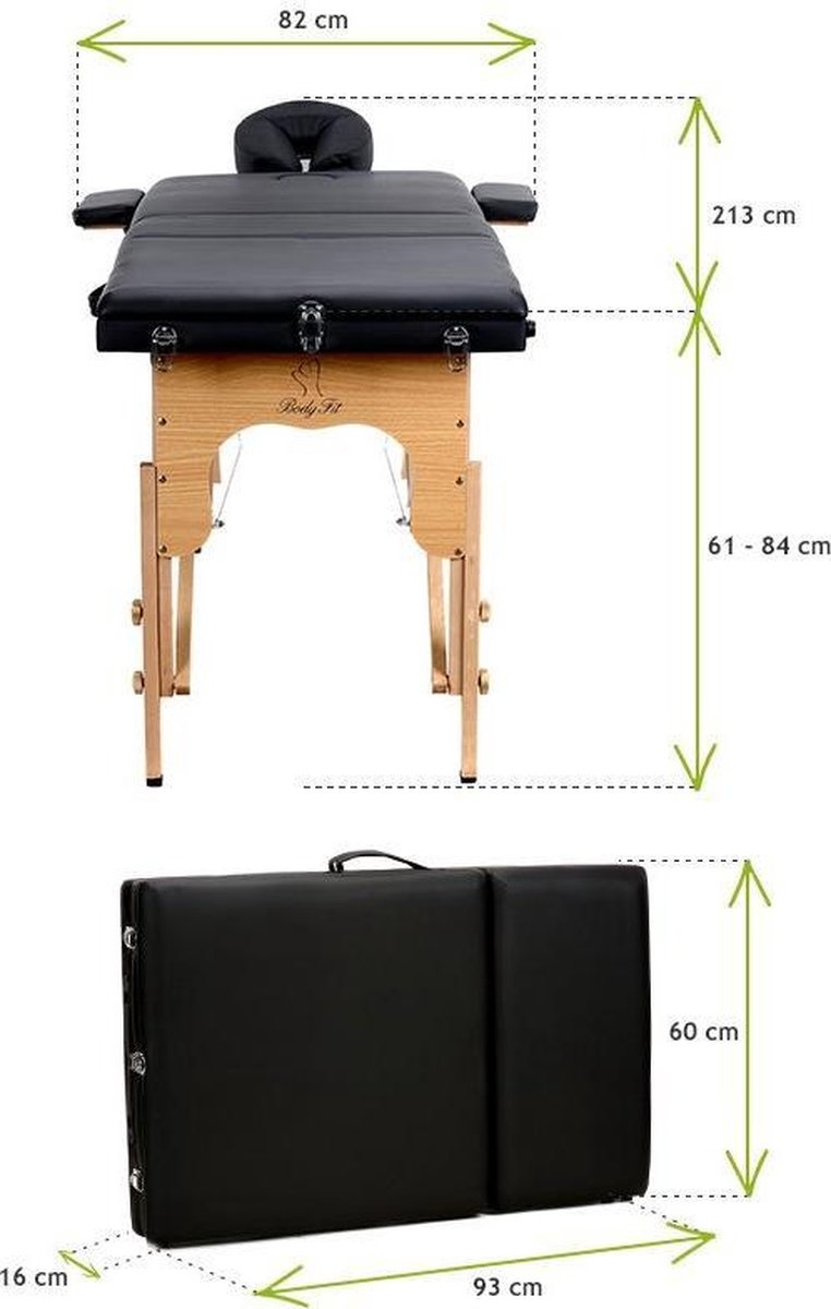 Houten massagetafel - 3 segmenten - verstelbaar - zwart ECO-leer - 213 cm lang