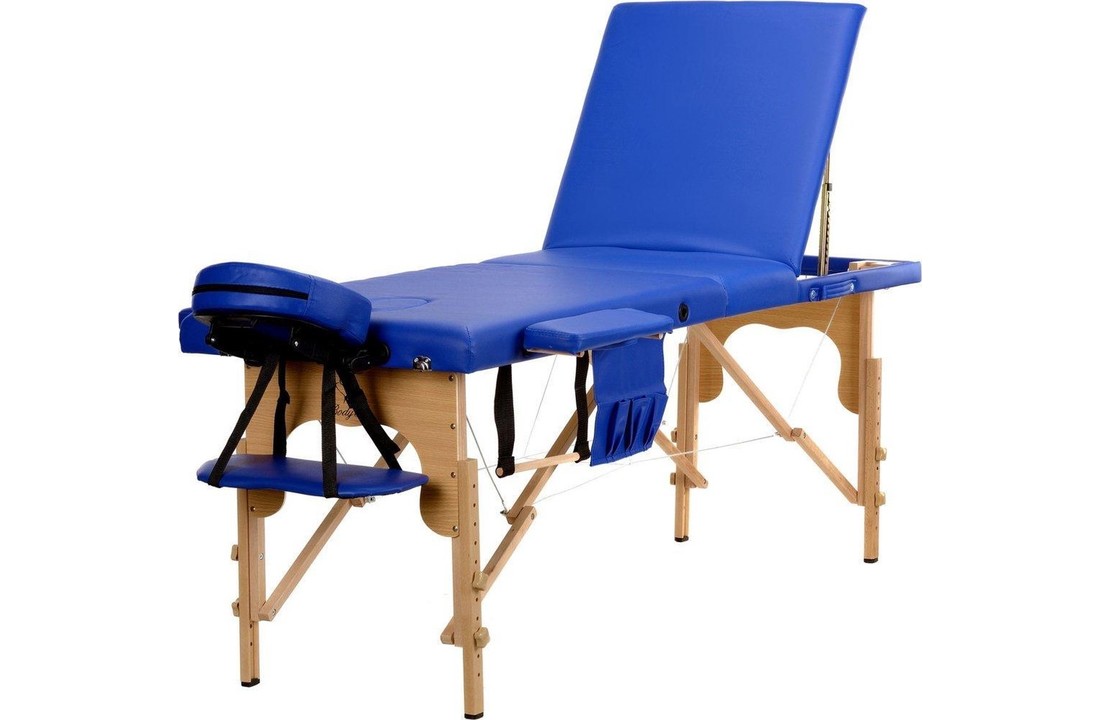 Houten massagetafel - 3 segmenten - verstelbaar - blauw ECO-leer - 213 cm lang