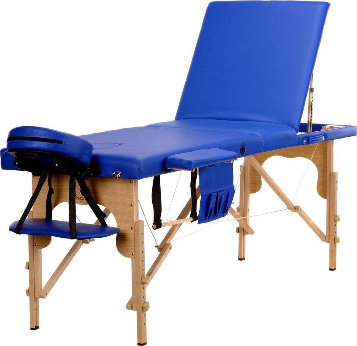 Houten massagetafel - 3 segmenten - verstelbaar - blauw ECO-leer - 213 cm lang