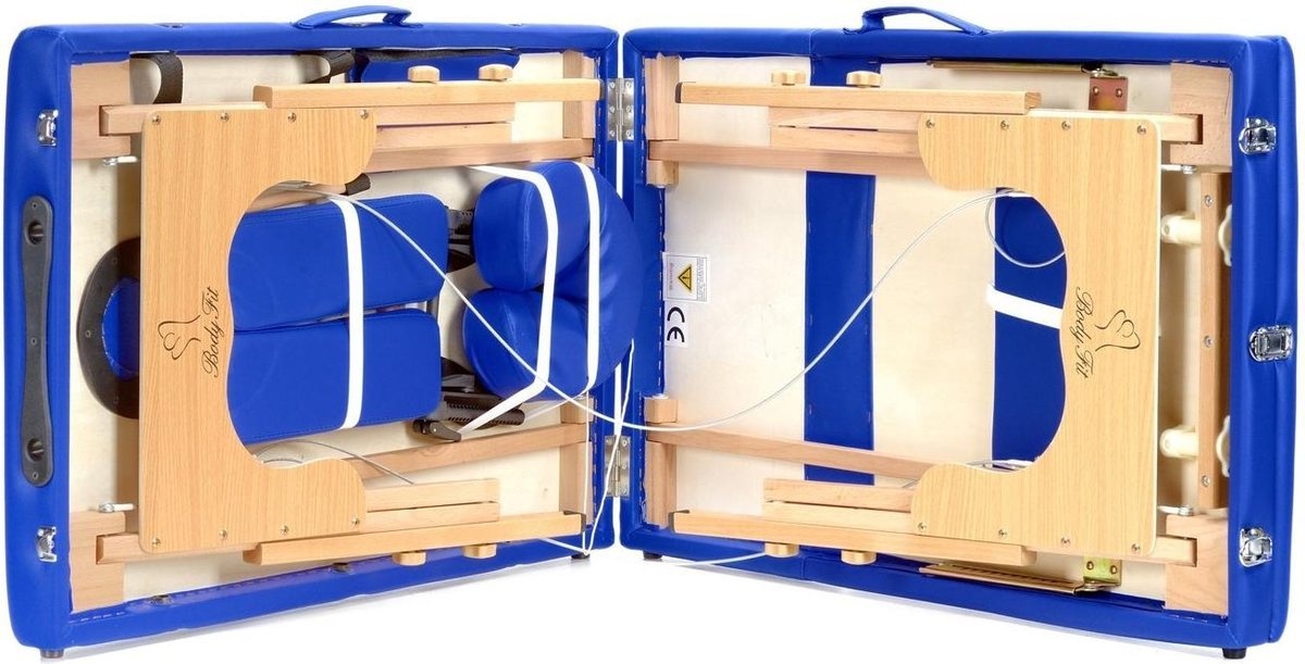 Houten massagetafel - 3 segmenten - verstelbaar - blauw ECO-leer - 213 cm lang