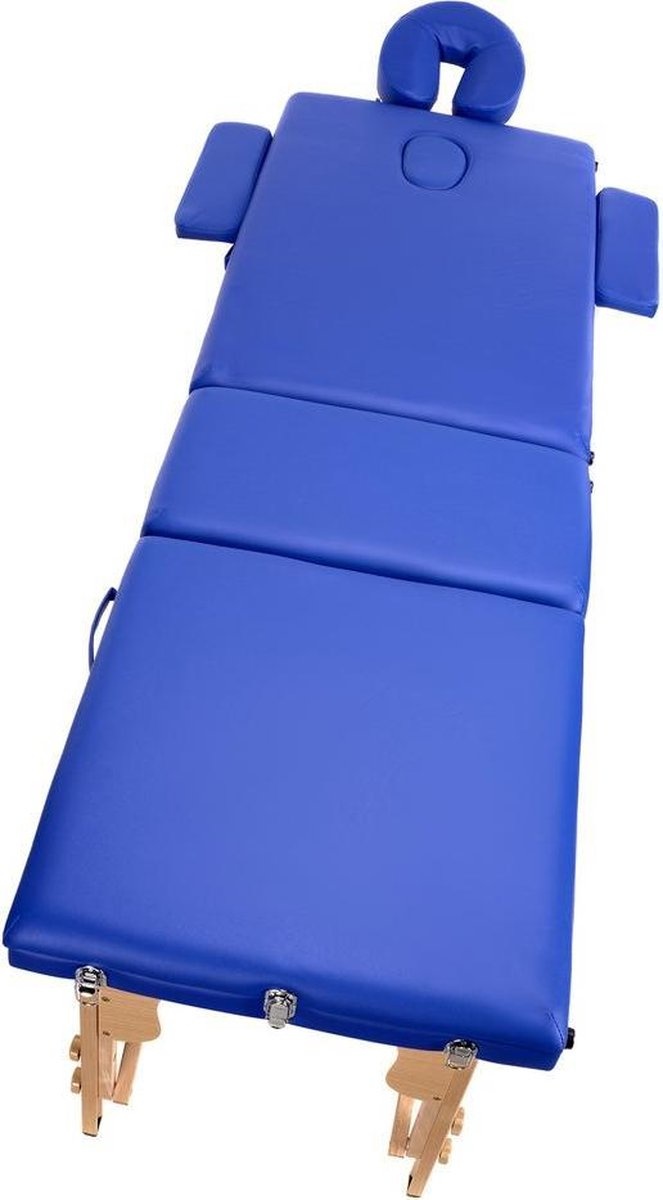Houten massagetafel - 3 segmenten - verstelbaar - blauw ECO-leer - 213 cm lang