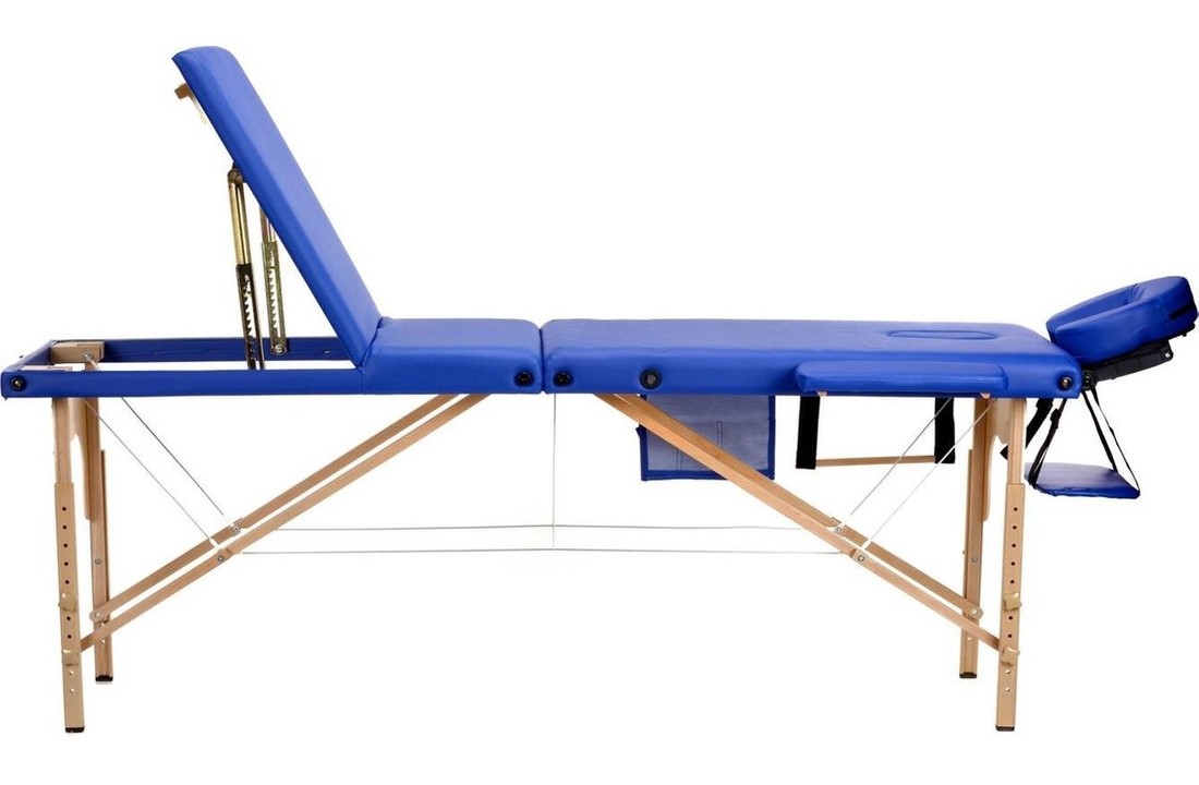 Houten massagetafel - 3 segmenten - verstelbaar - blauw ECO-leer - 213 cm lang