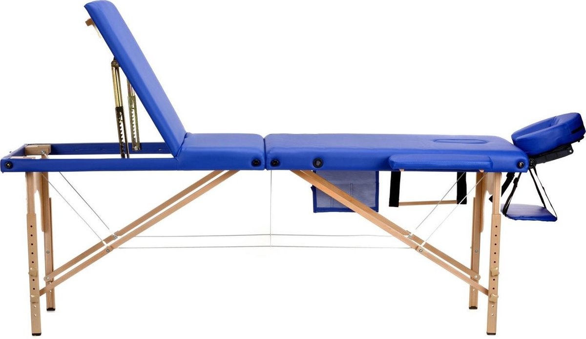 Houten massagetafel - 3 segmenten - verstelbaar - blauw ECO-leer - 213 cm lang