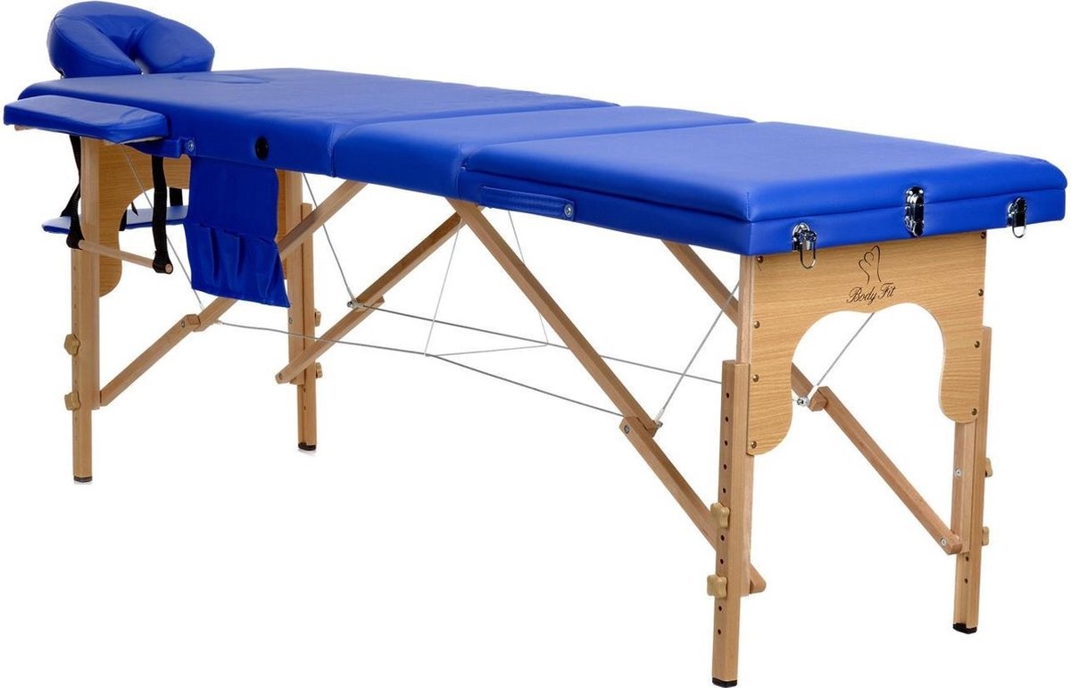 Houten massagetafel - 3 segmenten - verstelbaar - blauw ECO-leer - 213 cm lang