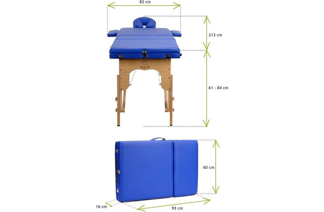 Houten massagetafel - 3 segmenten - verstelbaar - blauw ECO-leer - 213 cm lang