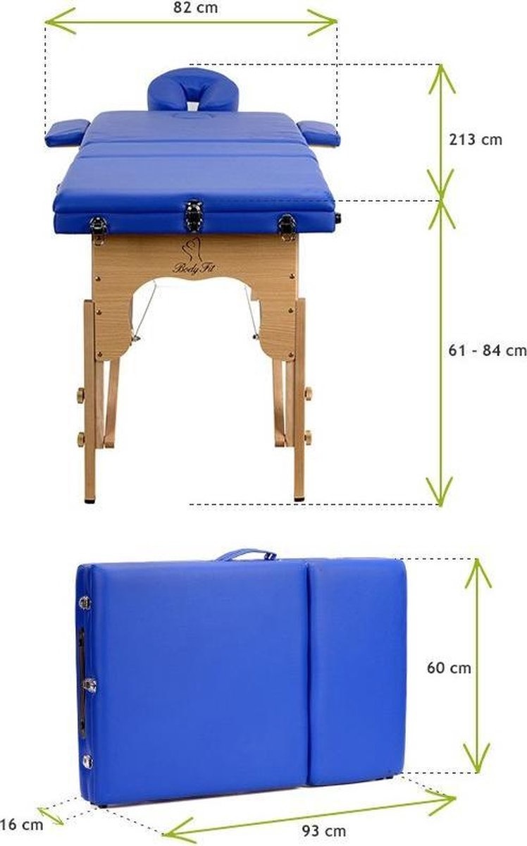 Houten massagetafel - 3 segmenten - verstelbaar - blauw ECO-leer - 213 cm lang