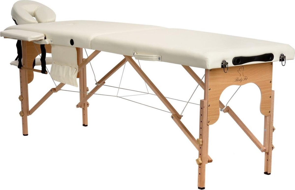 Houten massagetafel - 2 segmenten - verstelbaar - crème ECO-leer - 216 cm lang