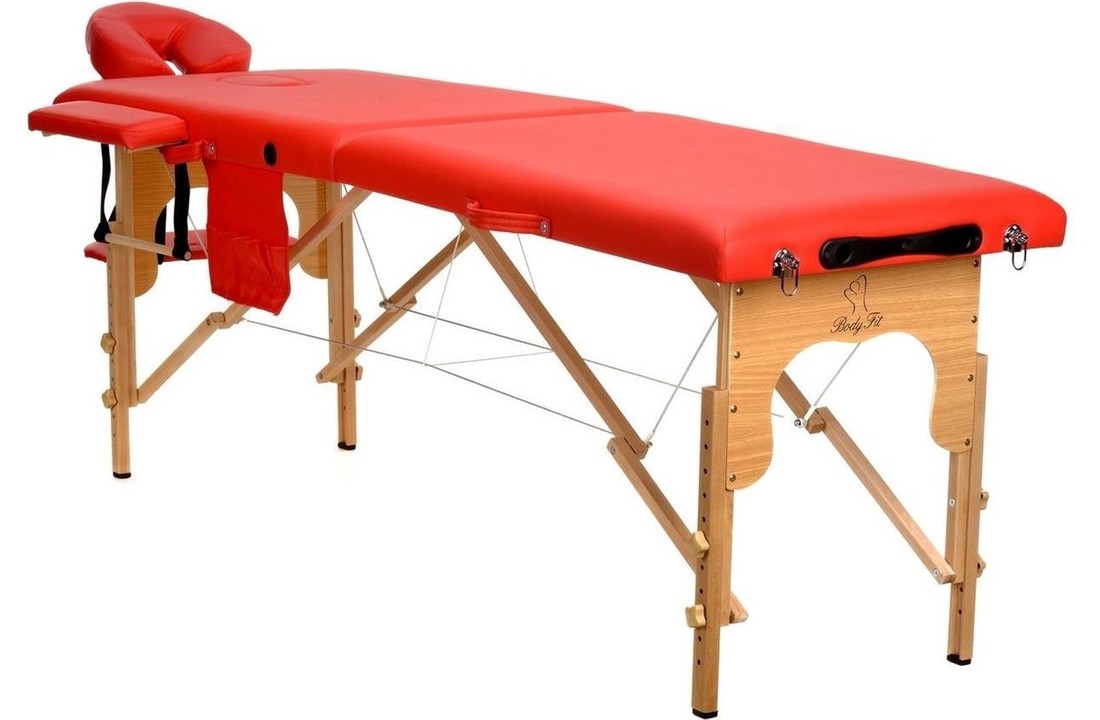 Houten massagetafel - 2 segmenten - verstelbaar - roodECO-leer - 216 cm lang