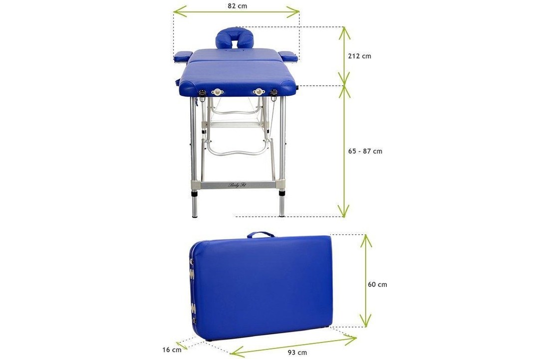 Aluminium massagetafel - 2 segmenten - verstelbaar hoofdeinde - blauw - 212 cm lang