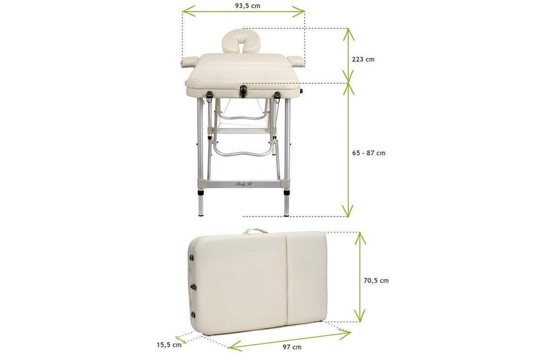 Aluminium massagetafel - 3 segmenten - verstelbaar - crème - 223 cm lang
