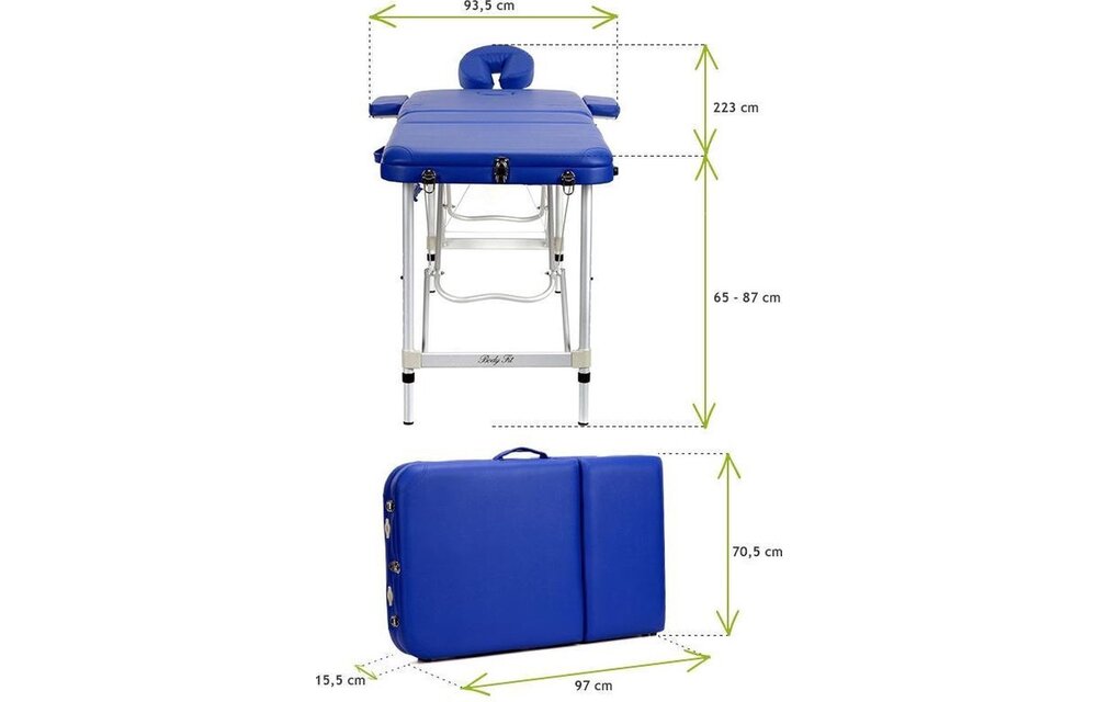 Aluminium massagetafel - 3 segmenten - verstelbaar - blauw - 223 cm lang