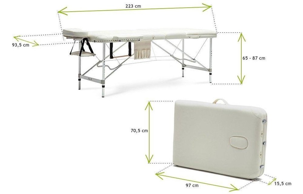 Aluminium massagetafel - 2 segmenten - verstelbaar - crème - 223 cm lang