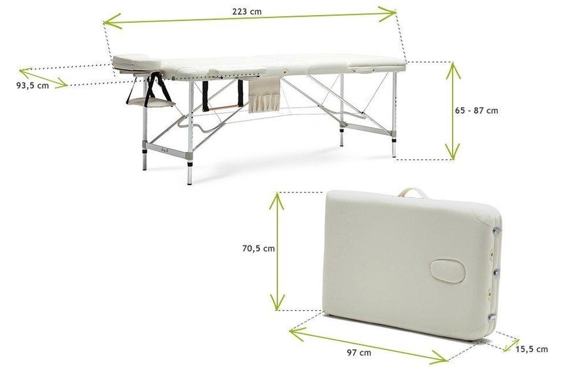 Aluminium massagetafel - 2 segmenten - verstelbaar - crème - 223 cm lang
