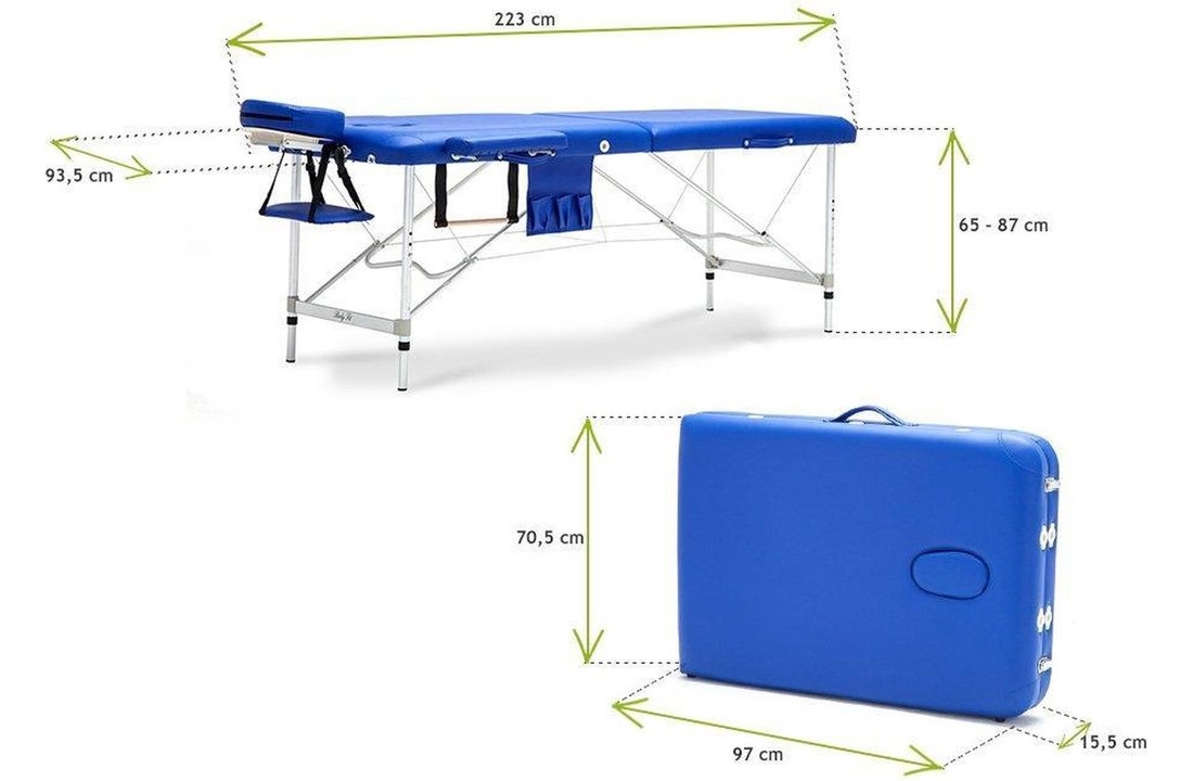 Aluminium massagetafel - 2 segmenten - verstelbaar - blauw- 223 cm lang