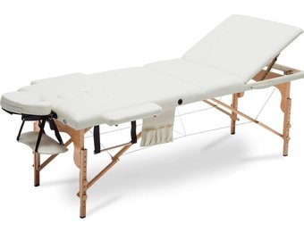 Houten massagetafel XXL - 3 segementen - verstelbaar - crème - 223 cm lang