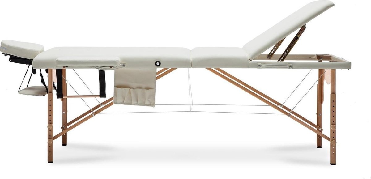 Houten massagetafel XXL - 3 segementen - verstelbaar - crème - 223 cm lang