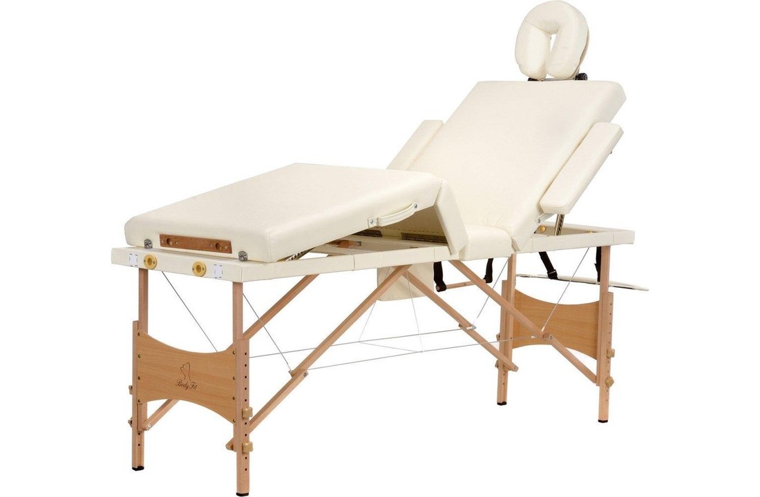 Houten massagetafel - 4 segementen - verstelbaar - crème - 214 cm lang