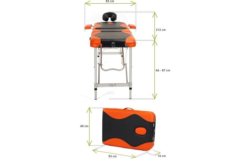 Aluminium massagetafel - 3 segmenten - verstelbaar - oranje & zwart - 212 cm lang