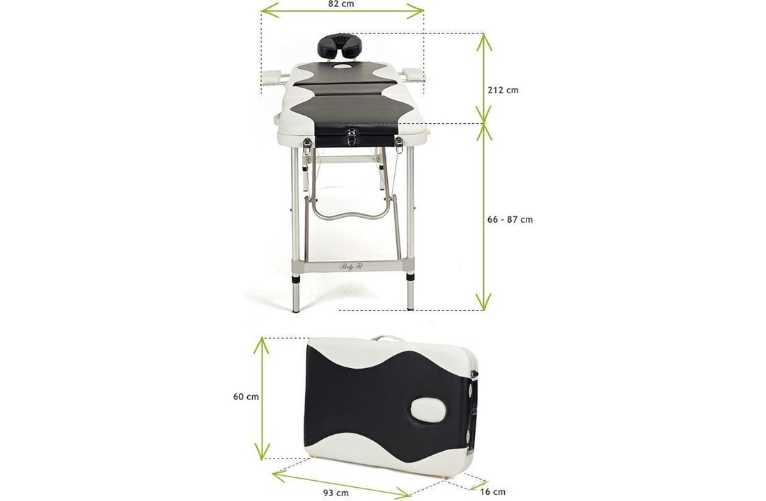 Aluminium massagetafel - 3 segmenten - verstelbaar - wit & zwart - 212 cm lang