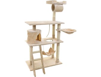Krabpaal & speelhuis - katten - beige - 140 cm hoog - met hangmat