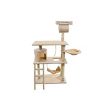 Krabpaal & speelhuis - katten - beige - 140 cm hoog - met hangmat
