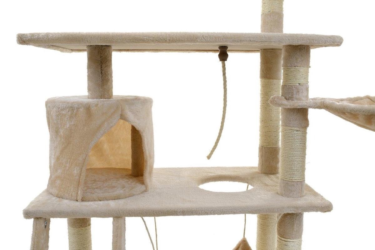 Krabpaal & speelhuis - katten - beige - 140 cm hoog - met hangmat