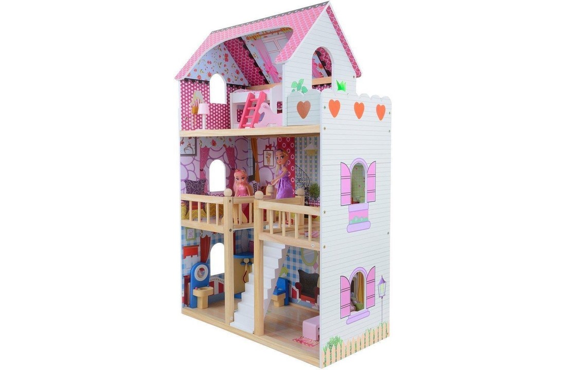 Houten poppenhuis - 2 verdiepingen - met meubels & 2 poppen - roze - 59x30x90 cm