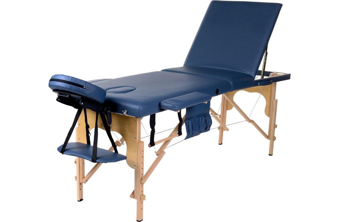 Houten massagetafel - 3 segmenten - verstelbaar - blauw ECO-leer - 213 cm lang