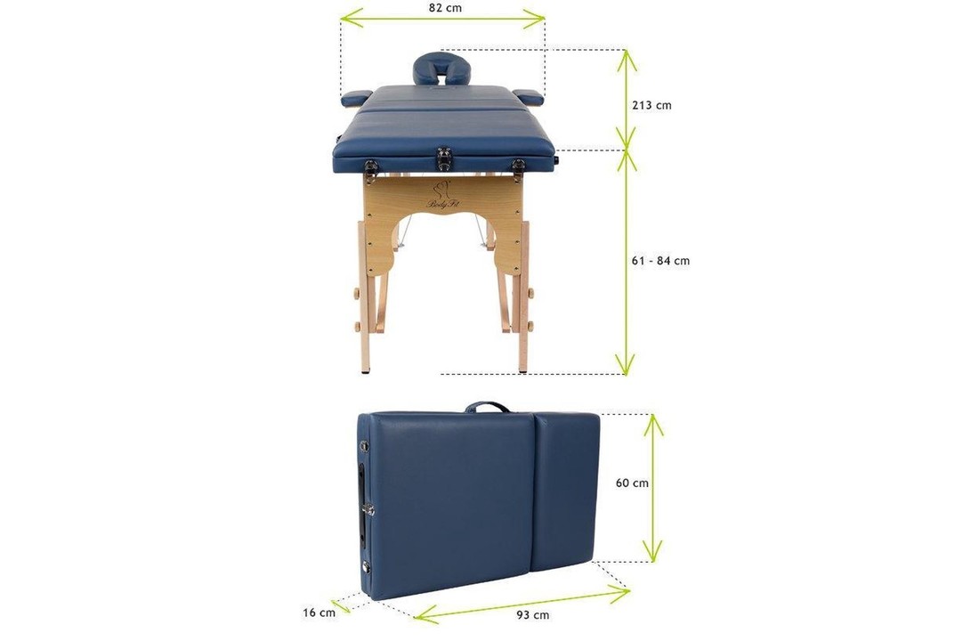 Houten massagetafel - 3 segmenten - verstelbaar - blauw ECO-leer - 213 cm lang