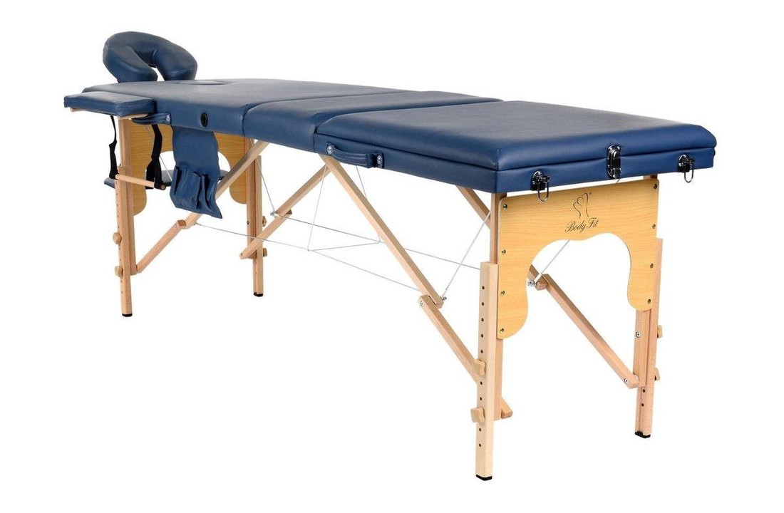 Houten massagetafel - 3 segmenten - verstelbaar - blauw ECO-leer - 213 cm lang